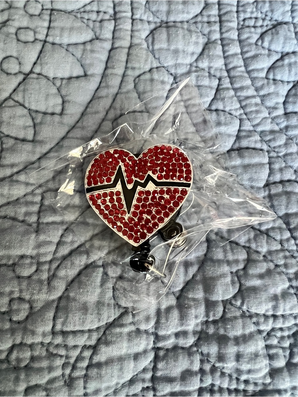 Red Crystal Heart Badge Reel with EKG Design